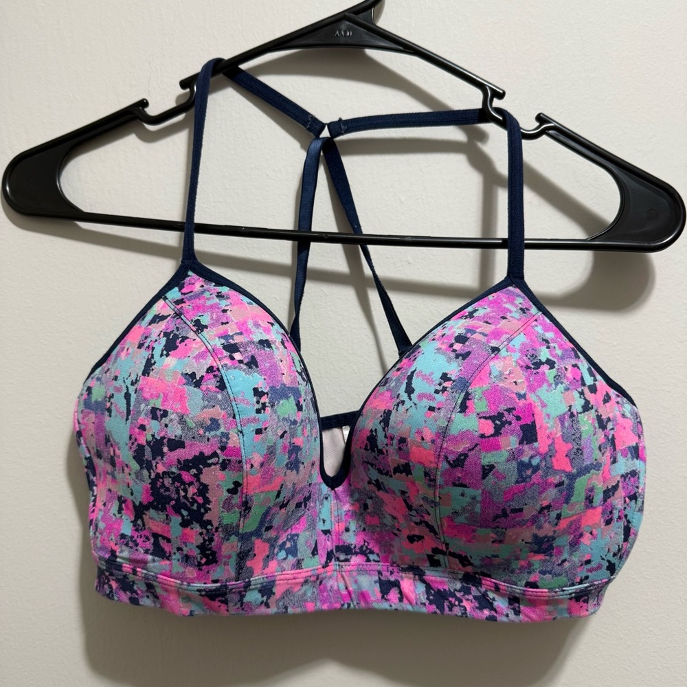 MTA Sport Pink & Teal Abstract Print Strappy Sports Bra L